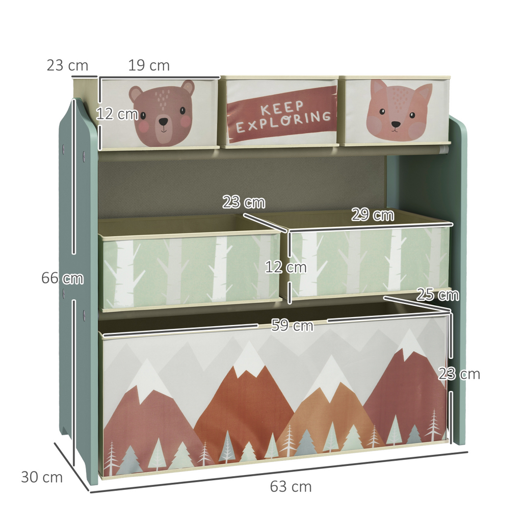 ZONEKIZ Kids Storage Units with 6 Boxes, Childrens Toy Storage Organiser, Green